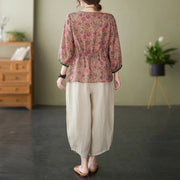 Buddha Stones Plus Size 2Pcs Small Flower Tee T-shirt Cotton Linen Harem Pants Set