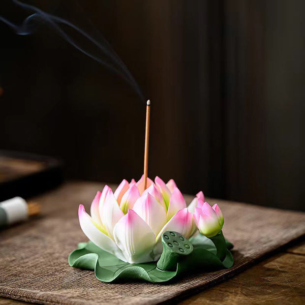 Buddha Stones Lotus Flower Leaf Pod Spiritual Healing Ceramic Stick Incense Burner Decoration Incense Burner BS Lotus Pink Edge 10.5*4.7cm