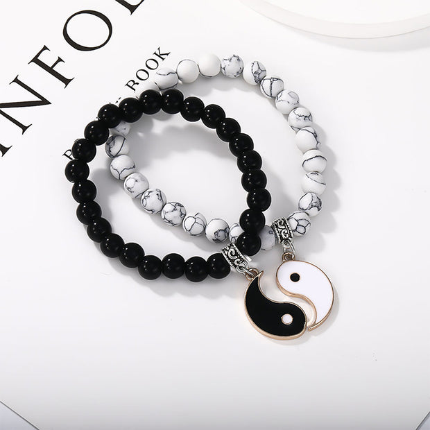 Buddha Stones 2Pcs Black Onyx White Turquoise Bead Yin Yang Protection Couple Bracelet Bracelet BS Gold Black Onyx& White Turquoise