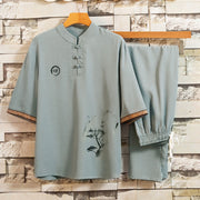 Buddha Stones 2Pcs Tree Pattern Cotton Linen Frog-Button Short Sleeve Shirt Pants Men's Set
