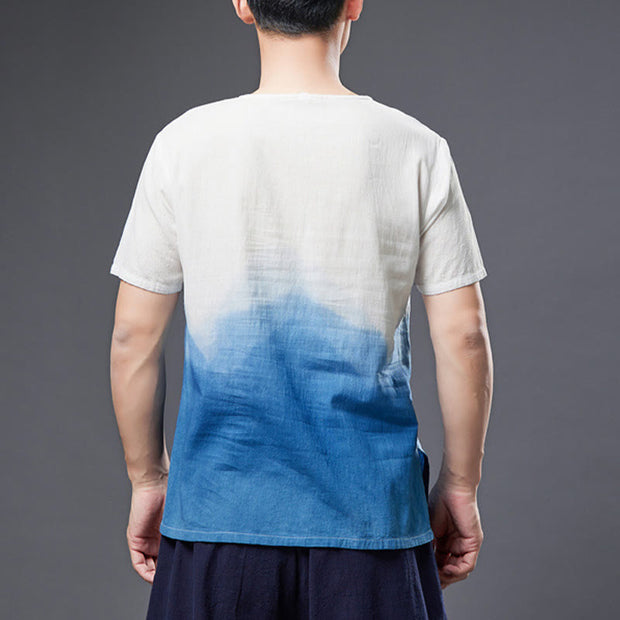Buddha Stones White Blue Gradient Men's Short Sleeve Indigo Dyeing Cotton Linen Shirt