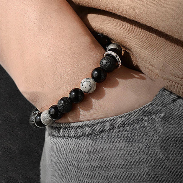 Buddha Stones Vintage Lava Rock Black Obsidian Picasso Jasper Beads Support Rope Bracelet Bracelet BS 11