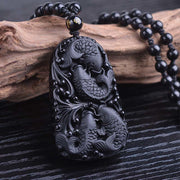 Buddha Stones Black Obsidian Koi Fish Engraved Strength Beaded Necklace Pendant Necklaces & Pendants BS 10