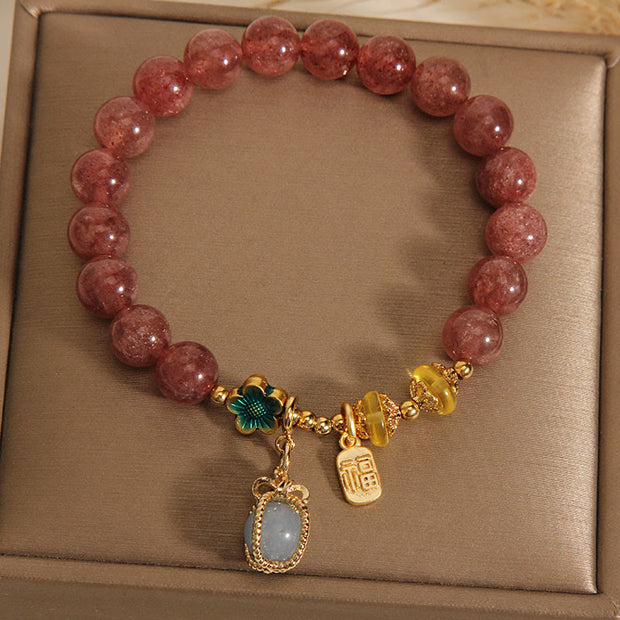 Buddha Stones Natural Strawberry Quartz Crystal Aquamarine Fortune Brand Love Bracelet Bracelet BS 4