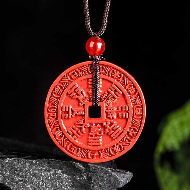 Buddha Stones Natural Cinnabar Mountain Ghosts Spend Money Bagua Design Blessing Necklace Pendant Necklaces & Pendants BS 1