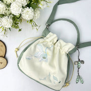 Buddha Stones Embroidered Butterfly Lotus Magnolia Cotton Linen Tote Crossbody Bag Shoulder Bag Handbag Crossbody Bag BS 21