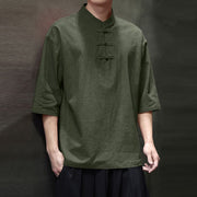 Buddha Stones Men's Chinese Frog-Button Tang Suit Half Sleeve Cotton Linen Shirt
