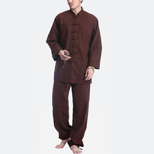 Buddha Stones Chinese Frog Button Design Meditation Prayer Cotton Linen Spiritual Zen Practice Yoga Clothing Men's Set