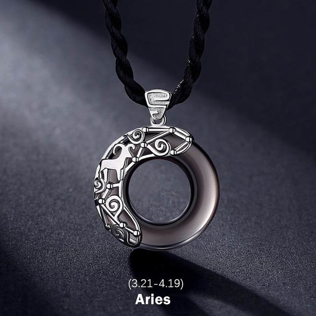 Buddha Stones 12 Constellations of the Zodiac Ice Obsidian Blessing Round Pendant Necklace Necklaces & Pendants BS Aries