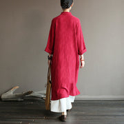 Buddha Stones Flower Jacquard Midi Dress Long Sleeve Cotton Linen Dress Wide Leg Pants With Pockets 19