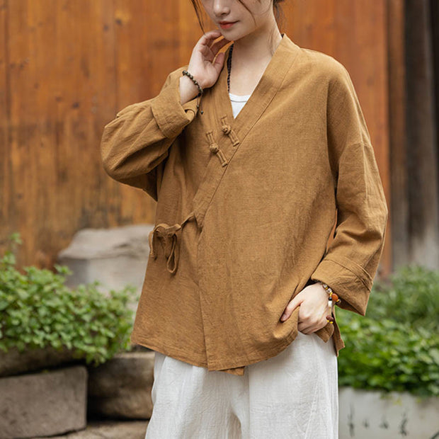 Buddha Stones Frog-Button Hanfu Design Shirt Top Ramie Linen Jacket