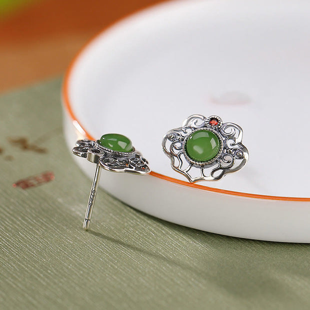 Buddha Stones 925 Sterling Silver Natural Hetian Cyan Jade Hollow Design Luck Ring Earrings Set Bracelet Necklaces & Pendants BS Earrings