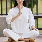 Buddha Stones 2Pcs Shirt Top Pants Meditation Zen Tai Chi Cotton Linen Clothing Women's Set Women's Meditation Cloth BS 1