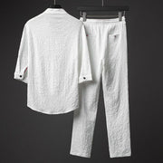 Buddha Stones 2Pcs Solid Color Texture Button Half Sleeve Shirt Pants Men's Set 2-Piece Outfit BS 3