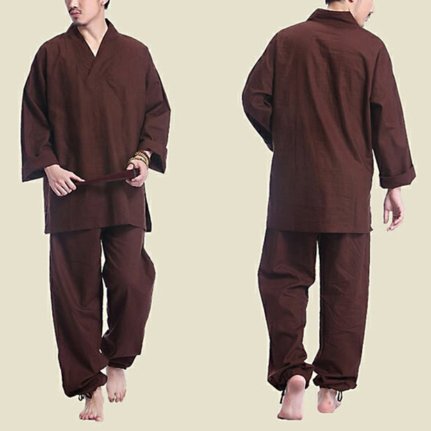 Buddha Stones Meditation Prayer V-neck Design Cotton Linen Spiritual Zen Practice Yoga Clothing Men's Set Clothes BS 2