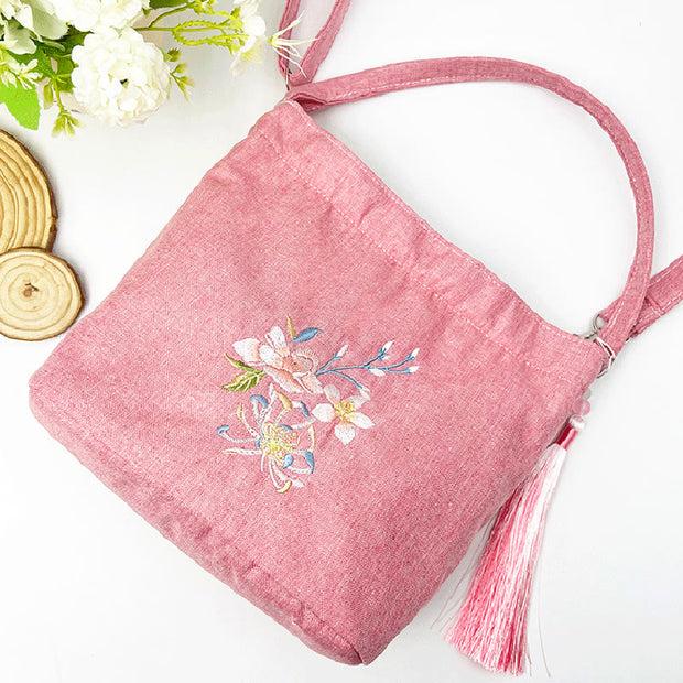 Buddha Stones Embroidery Wisteria Plum Lotus Cherry Blossom Cotton Linen Canvas Tote Crossbody Bag Shoulder Bag Handbag 27