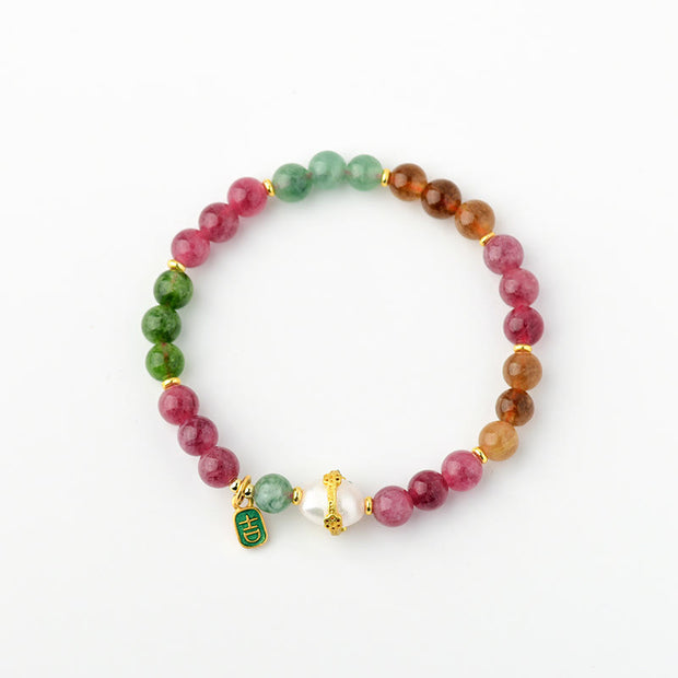 Buddha Stones Natural Multicolored Tourmaline Pearl Auspicious Character Charm Wisdom Bracelet