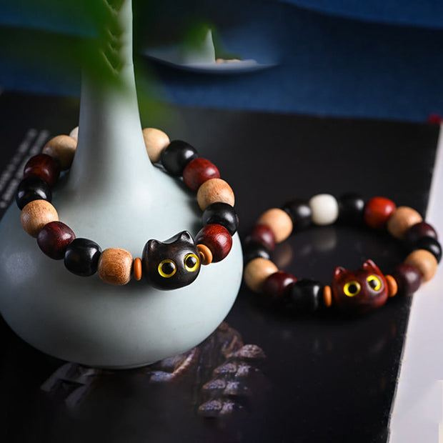 Buddha Stones Small Leaf Red Sandalwood Ebony Wood Cute Cat Engraved Protection Bracelet