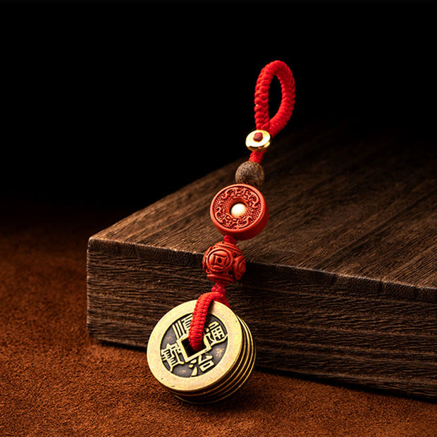 Buddha Stones Feng Shui Five Emperor Coins Luck Bodhi Seed Money Wealth Keychain