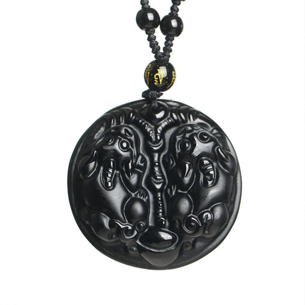 Buddha Stones Black Obsidian Double Pixiu Bead Rope Purification Necklace Pendant