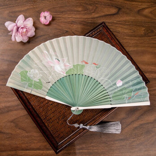 Buddha Stones Jasmine Lotus Begonia Flowers Handheld Bamboo Folding Fan (Extra 30% Off | USE CODE: FS30) - Green Lotus - image 4