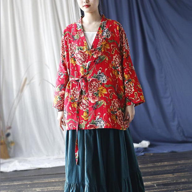 Buddha Stones Ethnic Style Northeast Red Flower Peony Print Cotton Linen Lace Up Jacket 20