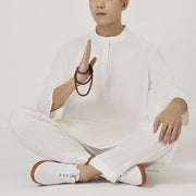Buddha Stones 2Pcs Buttons Men's Three Quarter Sleeve Shirt Top Pants Meditation Zen Tai Chi Cotton Linen Clothing Set 1