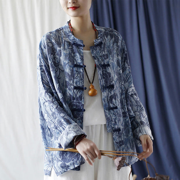 Buddha Stones Retro Blue White Flowers Frog-Button Design Long Sleeve Ramie Linen Jacket Shirt 23