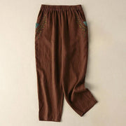 Buddha Stones Vintage Embroidery Elastic Waist Harem Pants With Pockets Harem Pants BS Brown 4XL(Waist 70-130cm/Hips 125cm/Length 92cm)