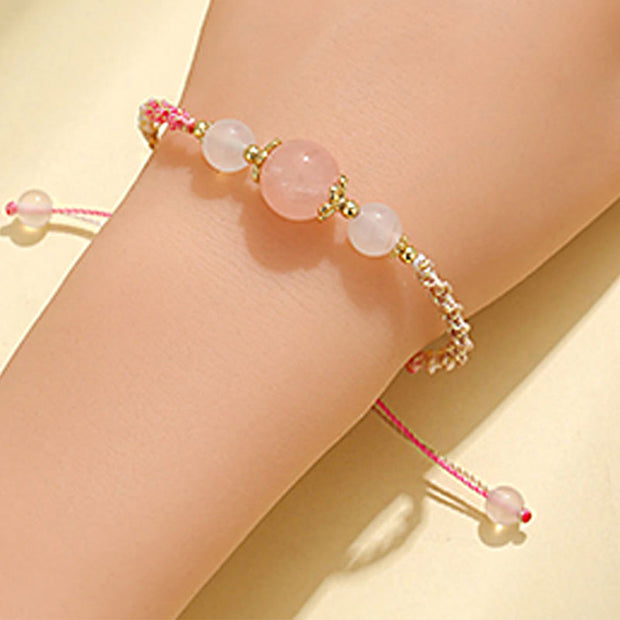 Buddha Stones Strawberry Quartz Pink Crystal Prehnite White Agate Bead Healing Rope Bracelet 10