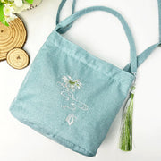 Buddha Stones Embroidery Wisteria Plum Lotus Cherry Blossom Cotton Linen Canvas Tote Crossbody Bag Shoulder Bag Handbag 31