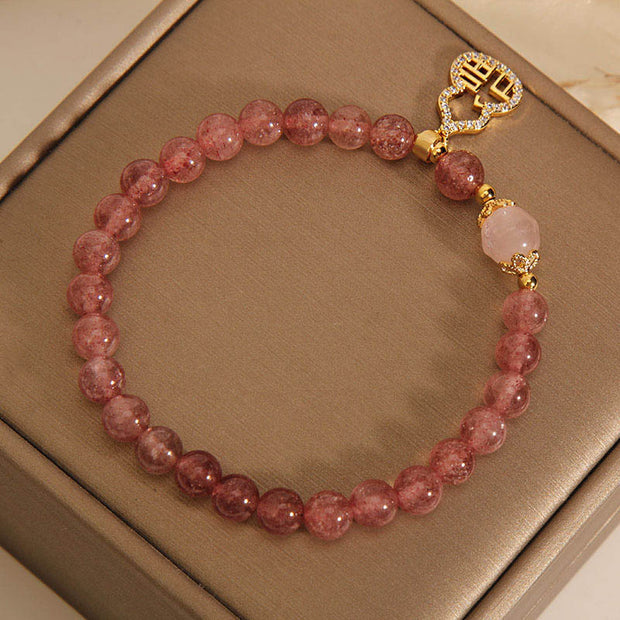 Buddha Stones Strawberry Quartz Gourd Fu Character Charm Positive Bracelet Bracelet BS 12