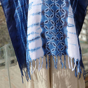 Buddha Stones Blue White Striped Indigo Dyeing Shawl Tassels Cozy Pullover 90*95cm