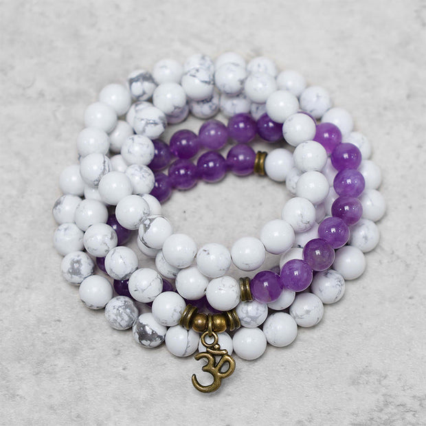 Buddha Stones 108 Mala Beads Amethyst White Turquoise OM Healing Meditation Energy Bracelet Bracelet BS main