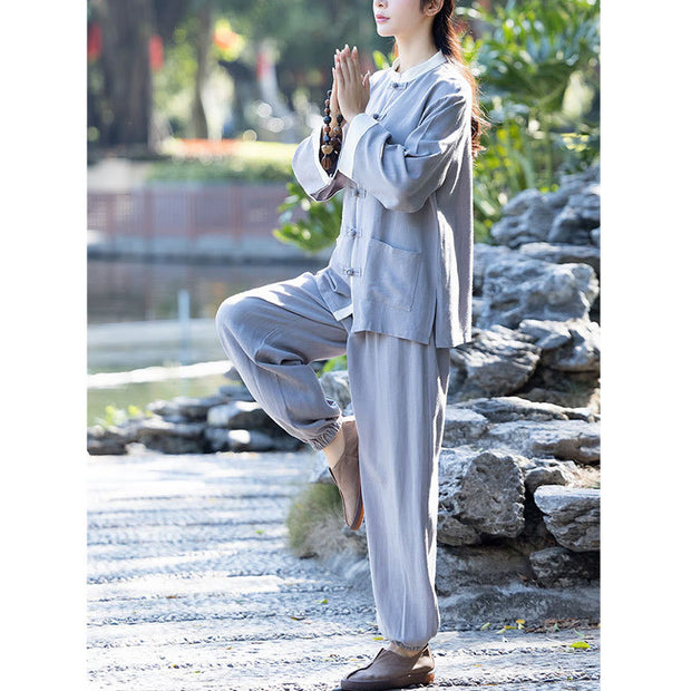 Buddha Stones Frog-Button Meditation Prayer Spiritual Zen Practice Tai Chi Uniform Clothing Women's Set Clothes BS 11