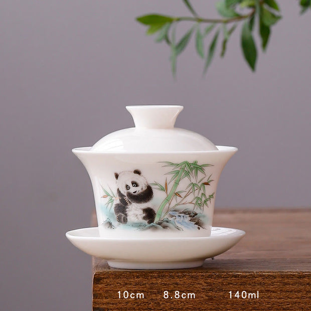 Buddha Stones White Porcelain Mountain Landscape Countryside Ceramic Gaiwan Teacup Kung Fu Tea Cup And Saucer With Lid Cup BS Long Cup-Panda(8.8cm*10cm*140ml)
