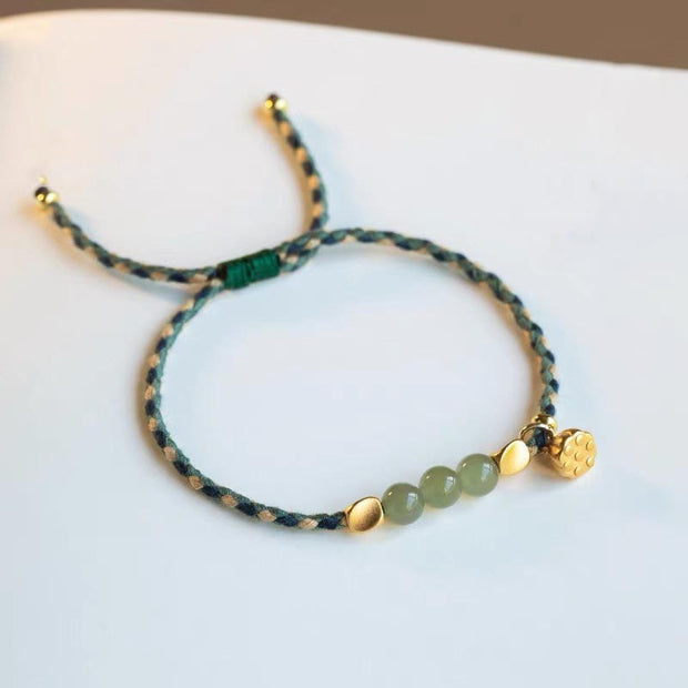 Buddha Stones Handcrafted Hetian Jade Lotus Charm Luck Braided Bracelet