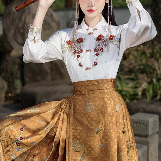 Buddha Stones Golden Flower Phoenix Embroidery Long Sleeve Shirt Top Chinese Hanfu Ming Dynasty Horse Face Skirt Mamianqun Skirt 4
