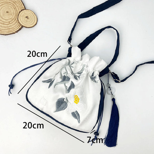 Buddha Stones Embroidered Lotus Koi Fish Crane Camellia Cotton Linen Tote Crossbody Bag Shoulder Bag Handbag
