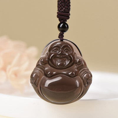 Buddha Stones Natural Black Obsidian Ice Obsidian Laughing Buddha Purification Necklace Pendant Necklaces & Pendants BS Ice Obsidian Standard Rope