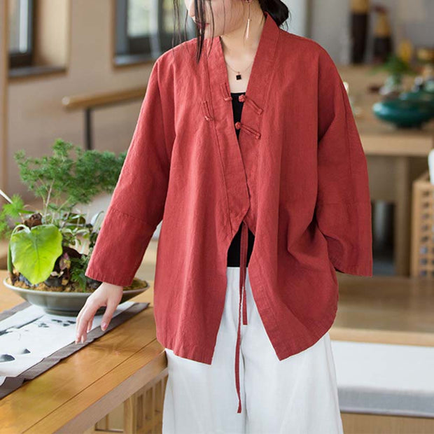 Buddha Stones Frog-Button Hanfu Design Long Sleeve Coat Zen Meditation Open Front Top Jacket