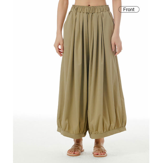 Buddha Stones Solid Color Loose Elastic Waist Wide Leg Pants With Pockets 3