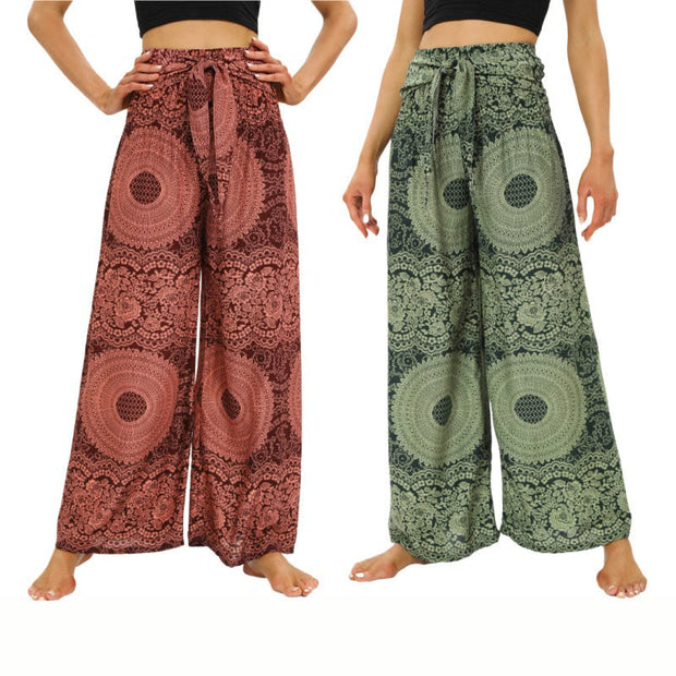 Buddha Stones Boho Lace-up Wide Leg Pants Women's Yoga Pants