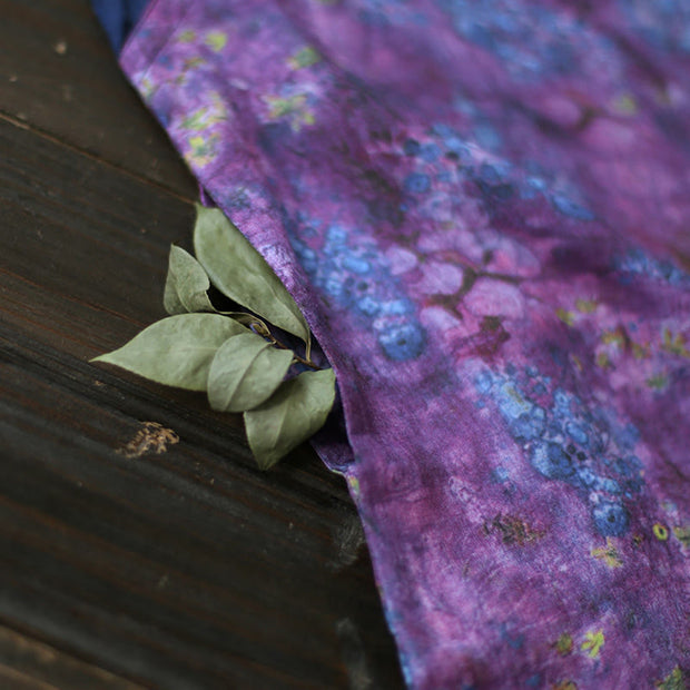 Buddha Stones Vintage Purple Flower Print Ramie Linen Cheongsam Midi Dress With Pockets Cheongsam Dresses BS 7
