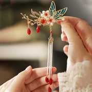 Buddha Stones Classical Chinese Style Flower Branche Butterfly Pearl Tassel Hair Clip Hair Comb Hair Crown