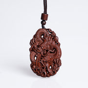 Buddha Stones Lightning Struck Jujube Wood Double Dragon Relief Ward Off Evil Spirits Necklace Pendant Necklaces & Pendants BS 8