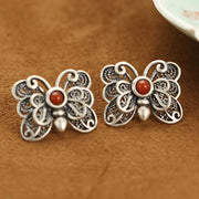 Buddha Stones 925 Sterling Silver Red Agate Butterfly Self-acceptance Ring Earrings Set