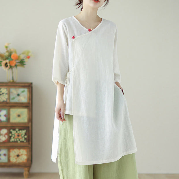 Buddha Stones Buttons Three Quarter Sleeve Lace-up Shirt Wide Leg Pants Meditation Cotton Linen Clothing Women's Meditation Cloth BS White Top Only 2XL(Fit for US8-10; UK/AU12-14; EU40-42)