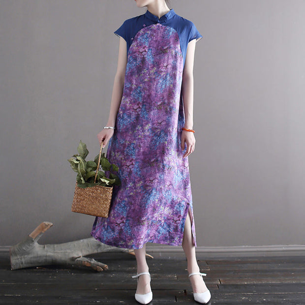 Buddha Stones Vintage Purple Flower Print Ramie Linen Cheongsam Midi Dress With Pockets Cheongsam Dresses BS F(Fit for US4-6; UK/AU8-10; EU36-38)