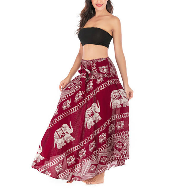 Buddha Stones Two Style Wear Bohemian Summer Elephant Lines Lace-up Skirt Dress Skirt&Dress BS 14